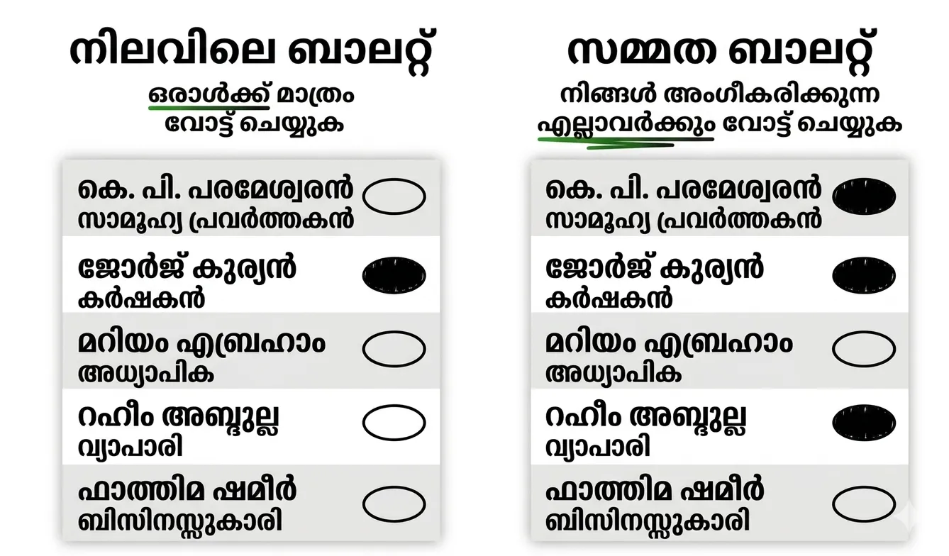 An example ballot illustrationg difference of FPTP and Approval Voting methods (Disclosure: AI generated)